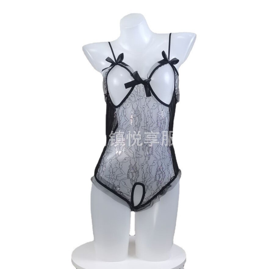 Europa y América encaje sexy pijamas Sling malla mono apretado lencería sexy traje plata seda tentación al por mayor