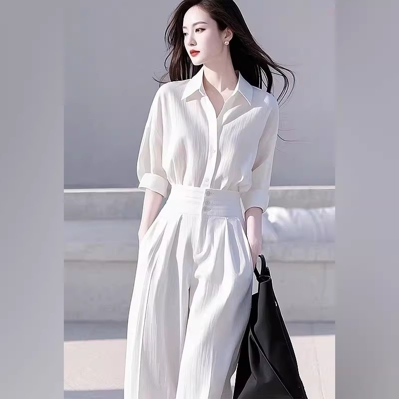 御姐风气质套装女时尚潮流大方polo领长袖衬衫高腰遮胯显瘦阔腿裤