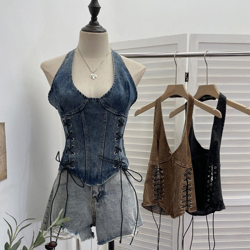Real Shot of Denim Halter Neck Tank Top with Punk-Style Cutout Straps, Y2K Spicy Girl Style, Sleeveless Short Slim-Fit Top 835 Real Shot of Denim Halter Neck Tank Top with Punk-Style Cutout Straps, Y2K Spicy Girl Style, Sleeveless Short Slim-Fit Top 835