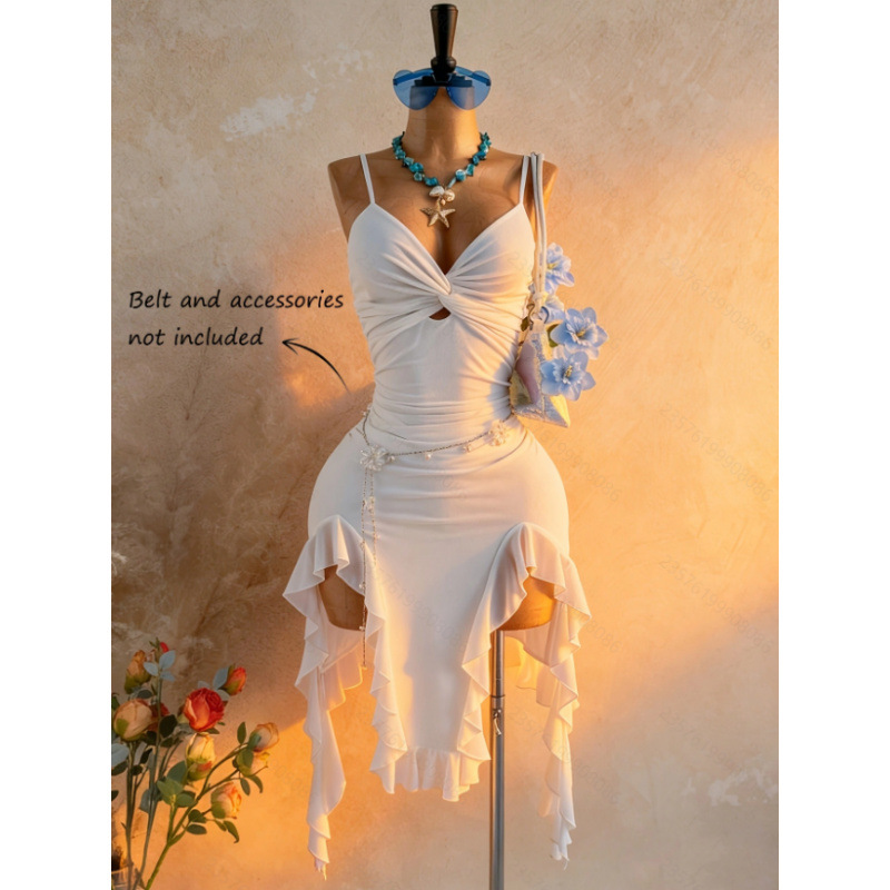 Women's New Summer Style Romantic Vacation Solid Color Mesh Twisted Irregular Hem Mid-Length Suspender Dress