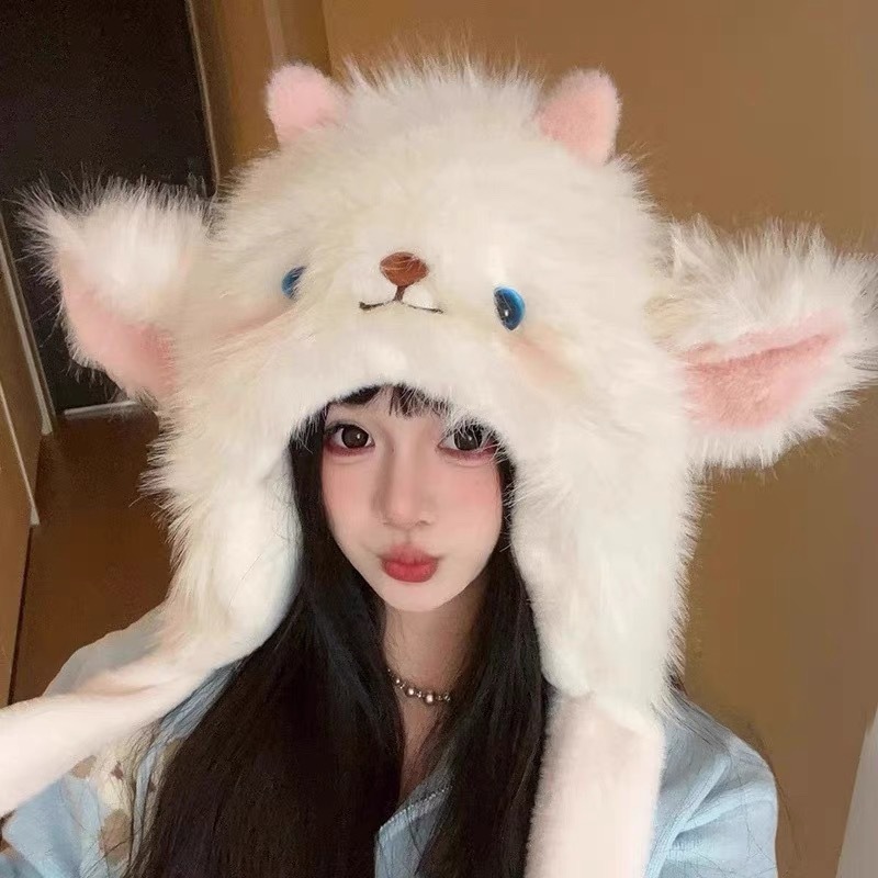 冬季新款可爱小绵羊毛绒帽女帽子围巾一体加厚防寒保暖甜美雷锋帽|undefined