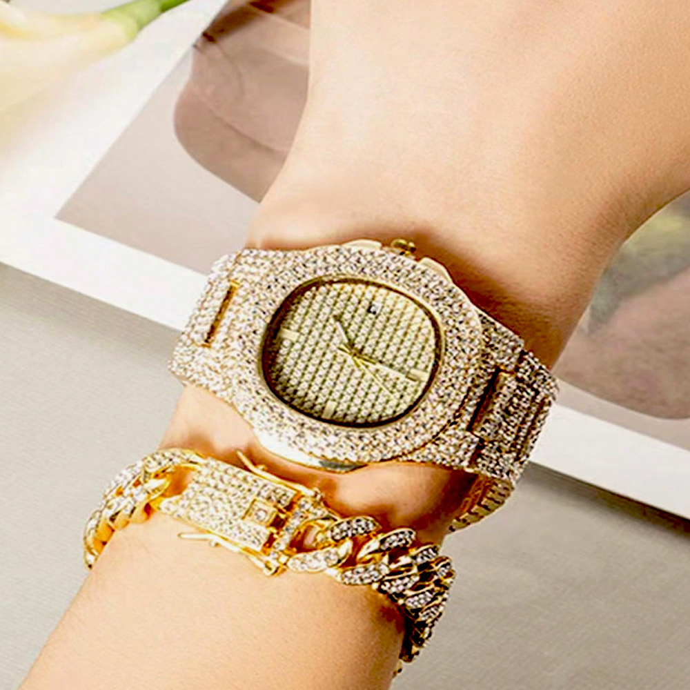 Cuban Chain Watch Bracelet Three piece Jewelry Personalized Fashion Set Hip Hop Full Diamond Necklace_voghion.com