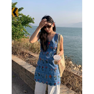 黄峥 V领蕾丝花边刺绣抽绳收腰无袖连衣裙女2025夏甜美清新520426
