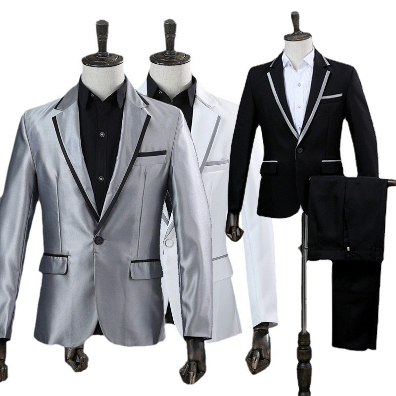 Men's Trimmed Suit Host Performance Suit Long Sleeve Suit Stage Singer Suit Black White Gold Silver Photo Dress