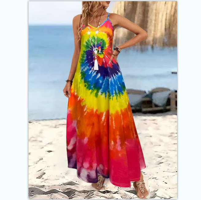 Amazon cross-border foreign trade European and American women's plus-size long dress, sexy slip dress, bohemian style print Amazon cross-border foreign trade European and American women's plus-size long dress, sexy slip dress, bohemian style print