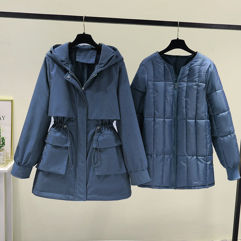 一衣三穿加絨加厚服女長款可拆卸內膽棉衣秋冬外套收腰棉襖女