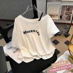 大码字母印花露肩短袖t恤女夏季2025新款宽松显瘦遮肉百搭上衣女