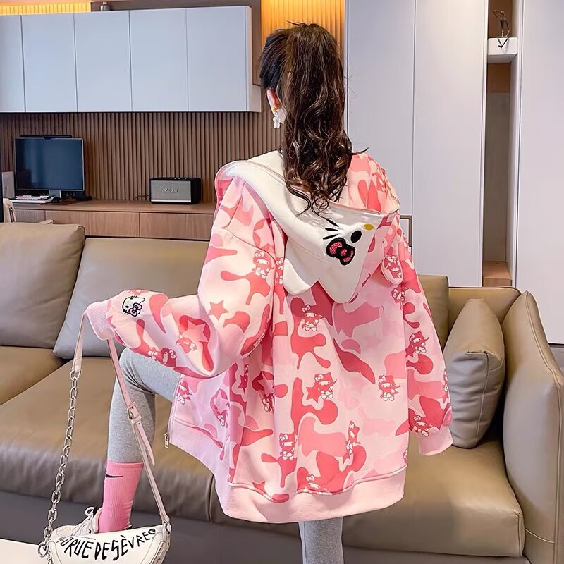 American Cute Ears Hello Kitty Full Cartoon Hooded Sweatshirt Jacket Autumn 2025 New Couple Zipper Cardigan