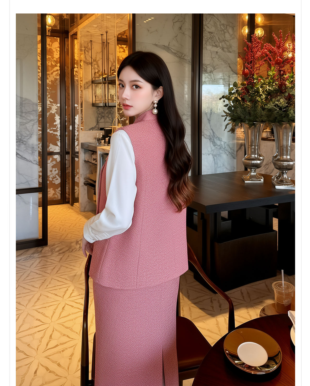 Bộ áo gile không tay và chân váy midi tân cổ điển đính cườm sang trọng — nửa váy, Trang chủ chi tiết 11