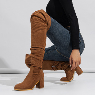 2023 foreign trade new knee-high boots soft natural wrinkled thick heel outdoor street runway women's boots 35-42 yards