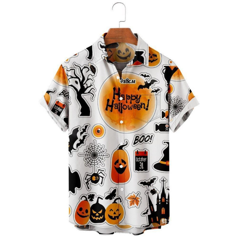 Cross-Border Independent Website European and American Halloween Pumpkin Digital Print Short-Sleeved Shirt Men's Fun and Quirky Party Shirt