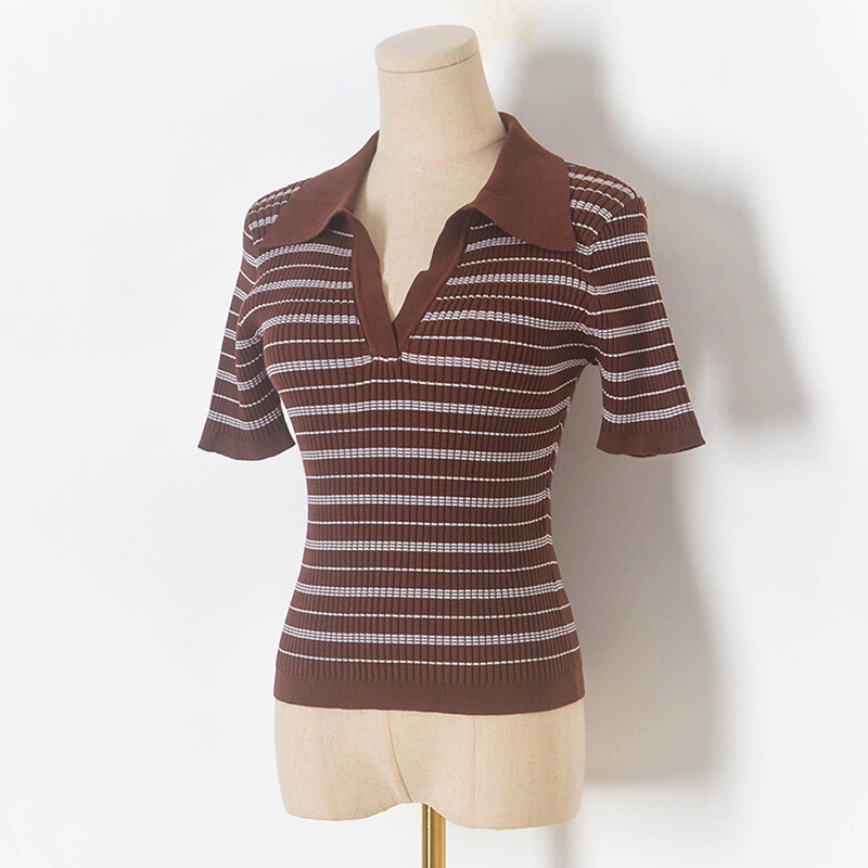6033 New Summer Style Polo Lapel Striped Pullover Short-Sleeved Knitwear Work Clothing Elegant Knitted T-Shirt Women's Top