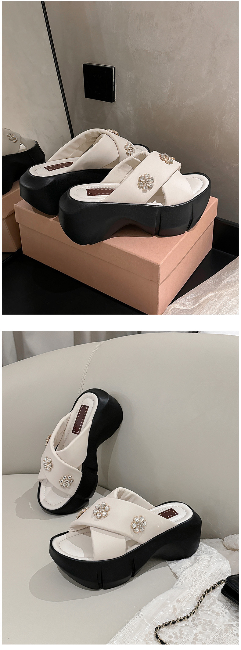 Dép sandal cao gót nữ quai chéo đính đá, đế platform dày, gót 9 cm — Màu đen, Màu trắng be chi tiết 9