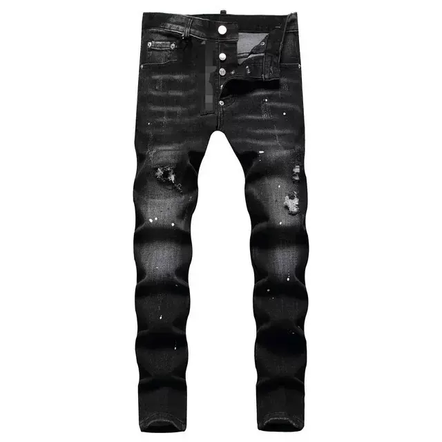 跨境新款欧美泼墨破洞贴布夜店风青年男士帅气修身小脚牛仔长裤男
