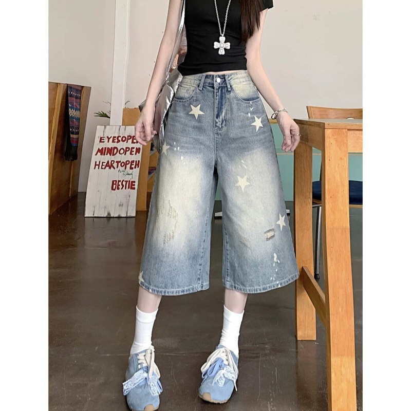American Street Style Star-Patterned Ripped Wide-Leg Jeans for Women, Plus Size, Summer Versatile Loose Fit Slimming Cropped Pants American Street Style Star-Patterned Ripped Wide-Leg Jeans for Women, Plus Size, Summer Versatile Loose Fit Slimming Cropped Pants