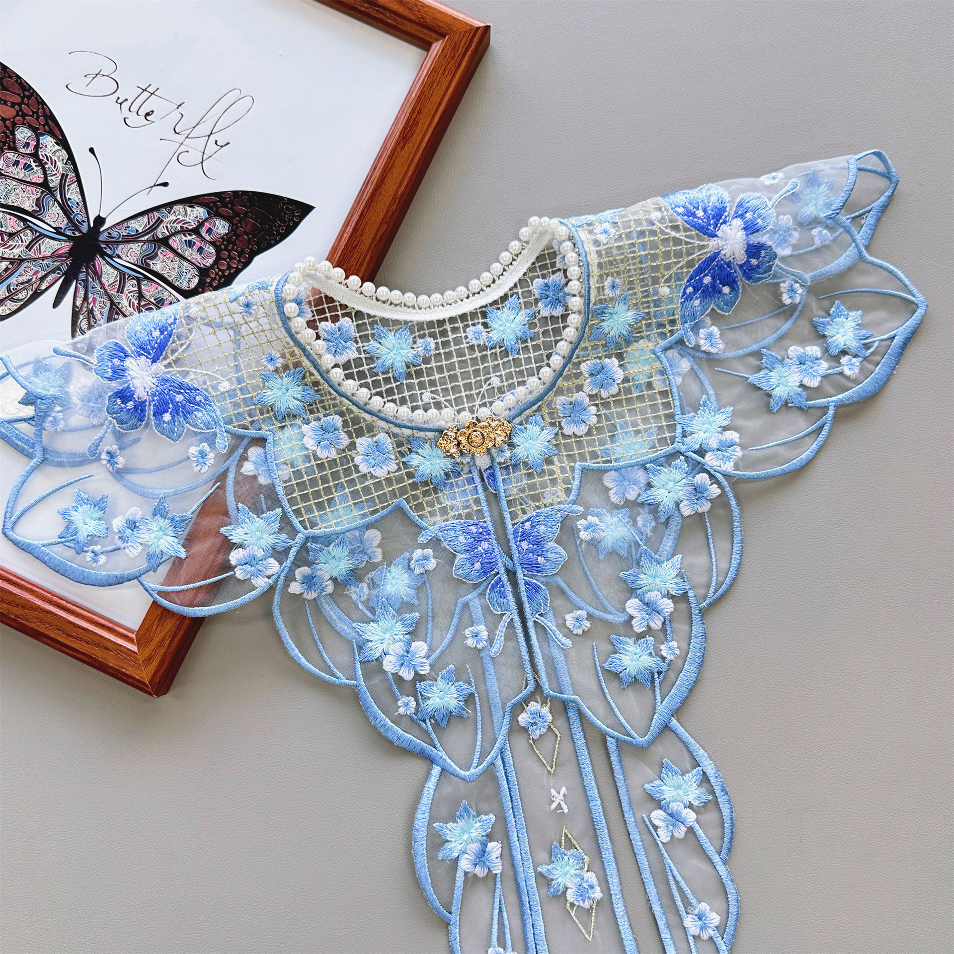 Cuello bordado hueco de estilo antiguo con diseño floral, cuello falso infantil de encaje de malla azul, cuello de chal con cinta para ropa tradicional china.