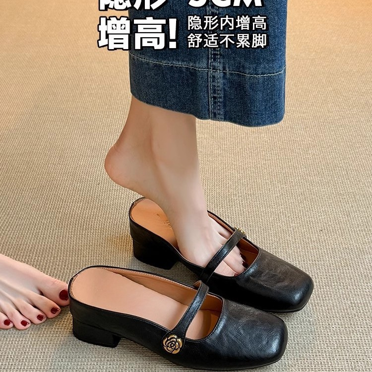 여름용 여성용 내부 높이 증가 복고풍 원라인 버클 토캡 하프 슬리퍼 아우터용 새 소프트 가죽 슬립온 뮬 샌들