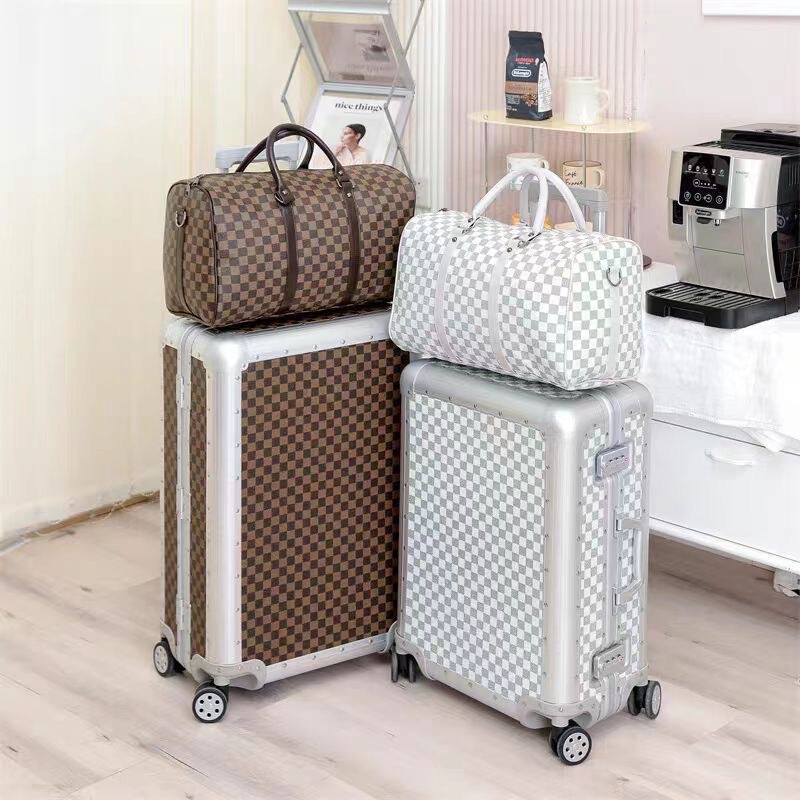 Classic Vintage Leather High-End Aluminum-Magnesium Alloy Trolley Suitcase 20inch Carry-On Suitcase 26-Inch Luggage with Silent Universal Wheels and Lightweight Design