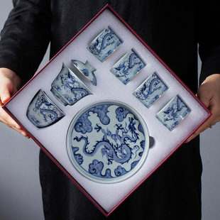 8-head antique mud blue and white dragon pattern tea set Cover bowl tea cup set ceramic tea bowl tea maker high-grade kung fu tea set