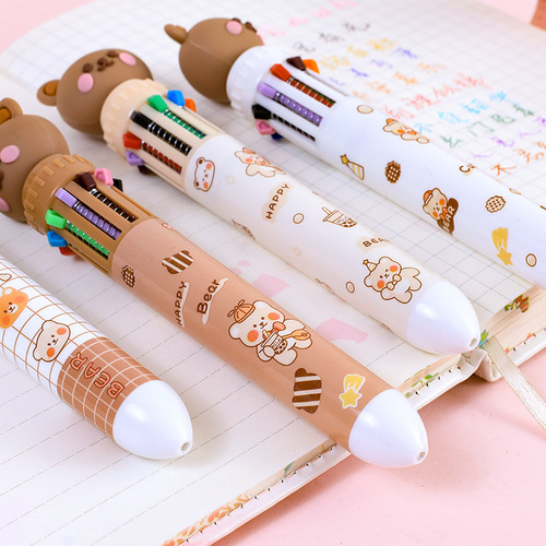 Cartoon bear ten-color ballpoint pen cute pressing handbook writing pen student learning writing stationery holiday gift