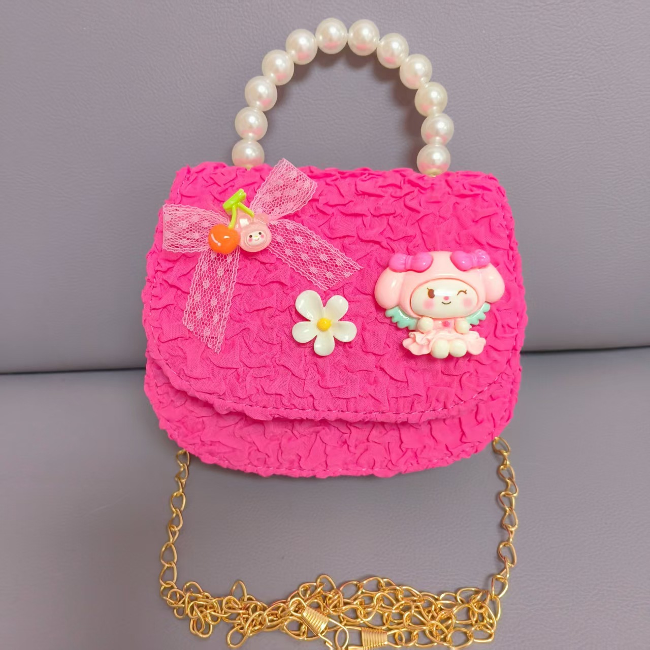 Bow Pearl Princess Handbag Meileti Kulomi Girl Año Nuevo Cartera pequeña bolsa de cadena de viento fragante