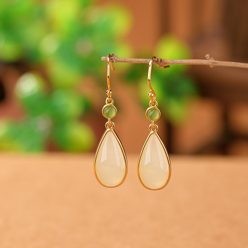 Bông tai móc bạc S925 mạ vàng hình nai, mặt ngọc bích phong cách retro giọt nước chữ Hỷ — Kiểu màu bạc