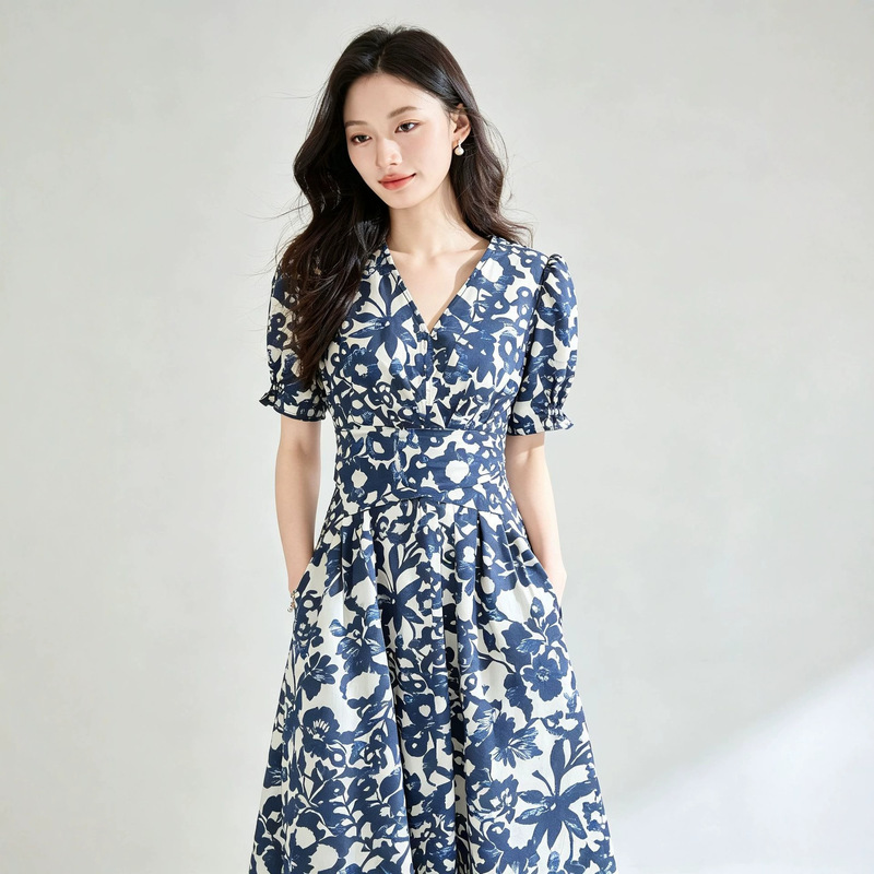 2026 Summer mm Poplin Cotton Printed V-Neck Short Sleeve Tie-Waist Slimming Dress Tea Break Dress 25723
