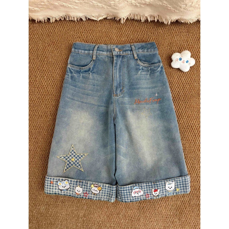 Rolled Hem Plaid Embroidered Star Puppy Denim Cropped Pants for Women 2026 Loose Bf Thin Straight Wide-Leg Mid-Length Pants Rolled Hem Plaid Embroidered Star Puppy Denim Cropped Pants for Women 2026 Loose Bf Thin Straight Wide-Leg Mid-Length Pants