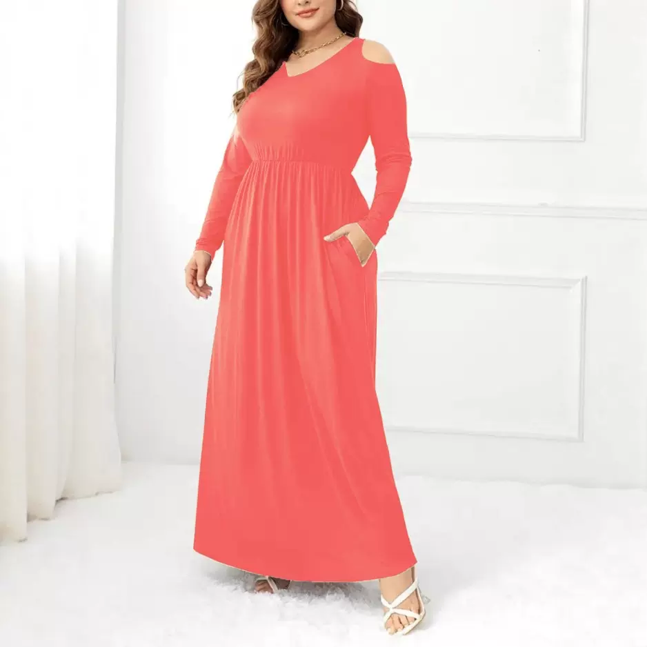 纯色长袖V领休闲特大码连衣裙跨境秋季新款欧美女装长裙亚马逊