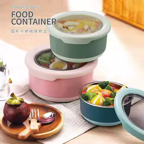 圆形不锈钢保鲜盒带盖密封饭盒便当盒防烫野餐盒户外水果盒零食盒