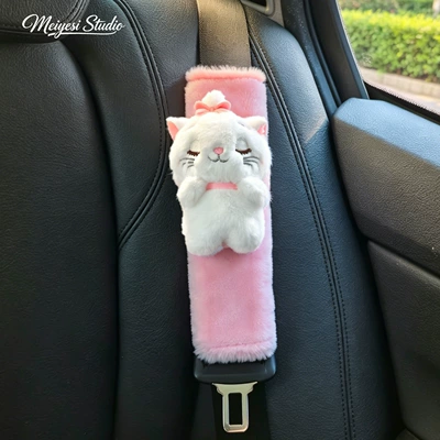 Car Shoulder Pad Cover Mary Seat belt shoulder pad - ml-cat-cat-with-eyes-closed-pink-bunny-fur-single-pack