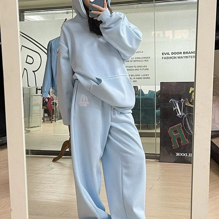 Spring and Winter New Style Large Size Loose Casual Sports Hooded Sweatshirt Suit for Women, Fleece-Lined and Thickened, Fashionable and Versatile Two-Piece Set