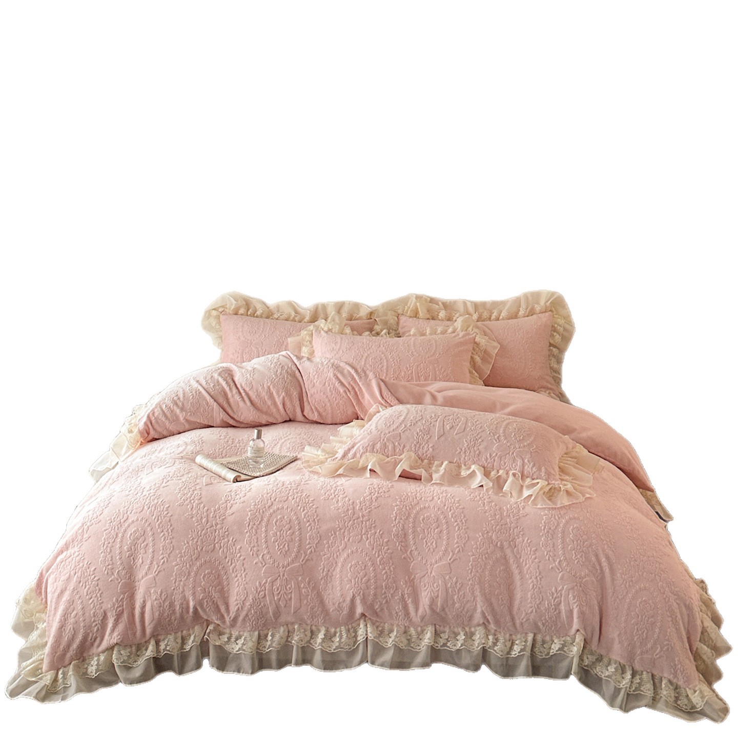 Corte francesa engrosada cubierta de cama de leche de cuatro piezas de invierno de seda de doble cara cálida encaje de coral cubierta sábanas de encaje