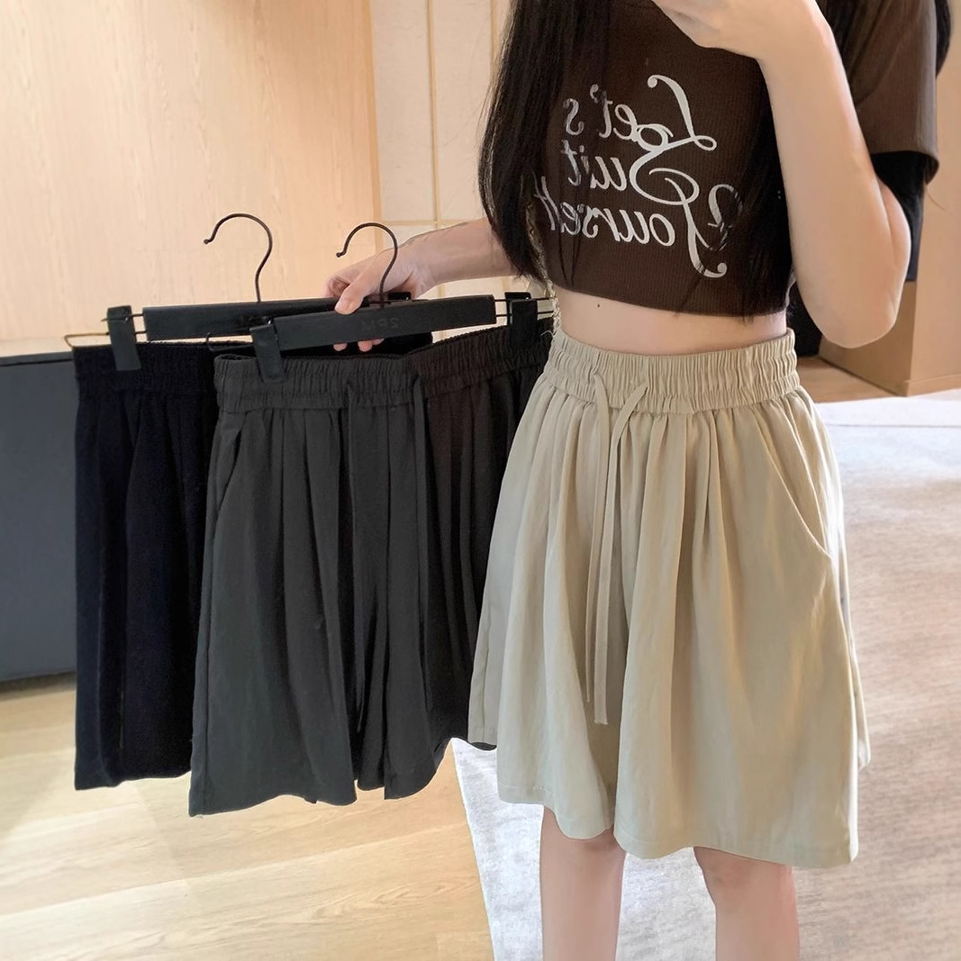 跨境夏季新款纯色时尚高腰抽绳阔腿小个子休裤子女装热裤休闲短裤