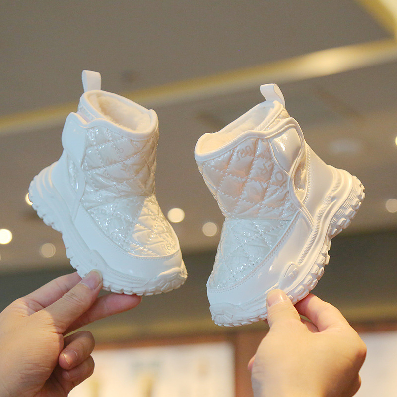 Botas de nieve para niños engrosadas con forro polar de Velcro alto de color sólido zapatos casuales acolchados de algodón cálidos botas acolchadas de algodón para hombres y mujeres