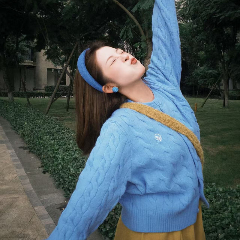 Round-neck cable-knit cardigan for women with small logo embroidery, soft and cozy, loose-fitting, short, casual outerwear Round-neck cable-knit cardigan for women with small logo embroidery, soft and cozy, loose-fitting, short, casual outerwear