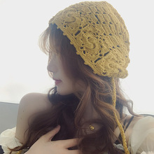 旅游拍照文艺手工针织帽子女勾花镂空民族风毛线帽甜美可爱包头帽
