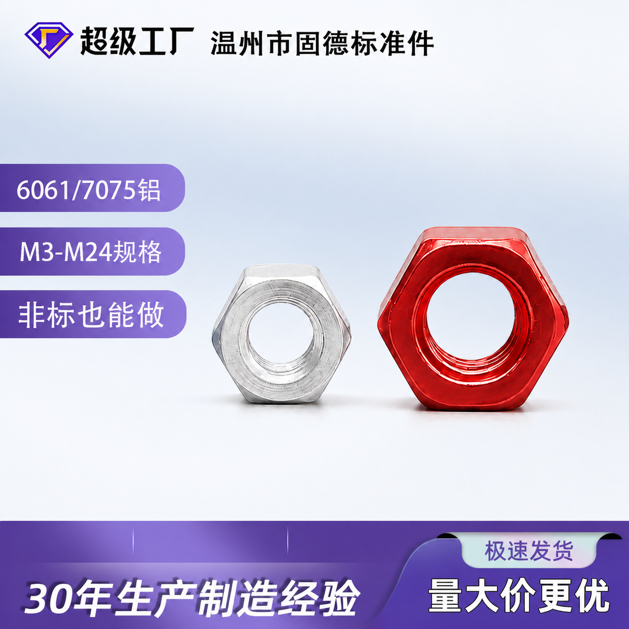 铝合金六角螺母6061外六角铝制螺帽m6m8高强度7075手拧螺母丝套装