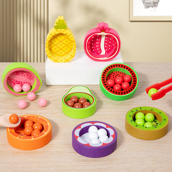 Children's wooden exercise baby hands-on parent-child interaction fruit cognitive color classification clip beads educational toys