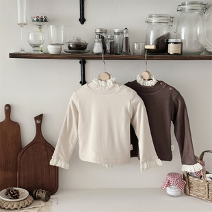 INS Winter Double-Layer fleece-lined Baby Lace Semi-High Collar Long-Sleeved Light Plate Buckle-Opening Base Shirt