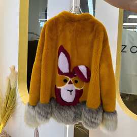 新款进口水貂毛天鹅绒整貂V领年轻款貂皮大衣皮草外套女重工卡通