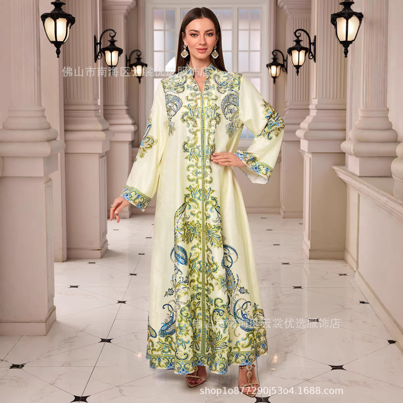New Style Robe with Rhinestones, Ethnic Style Print, Long Sleeves, Notched V-Neck Dress New Style Robe with Rhinestones, Ethnic Style Print, Long Sleeves, Notched V-Neck Dress