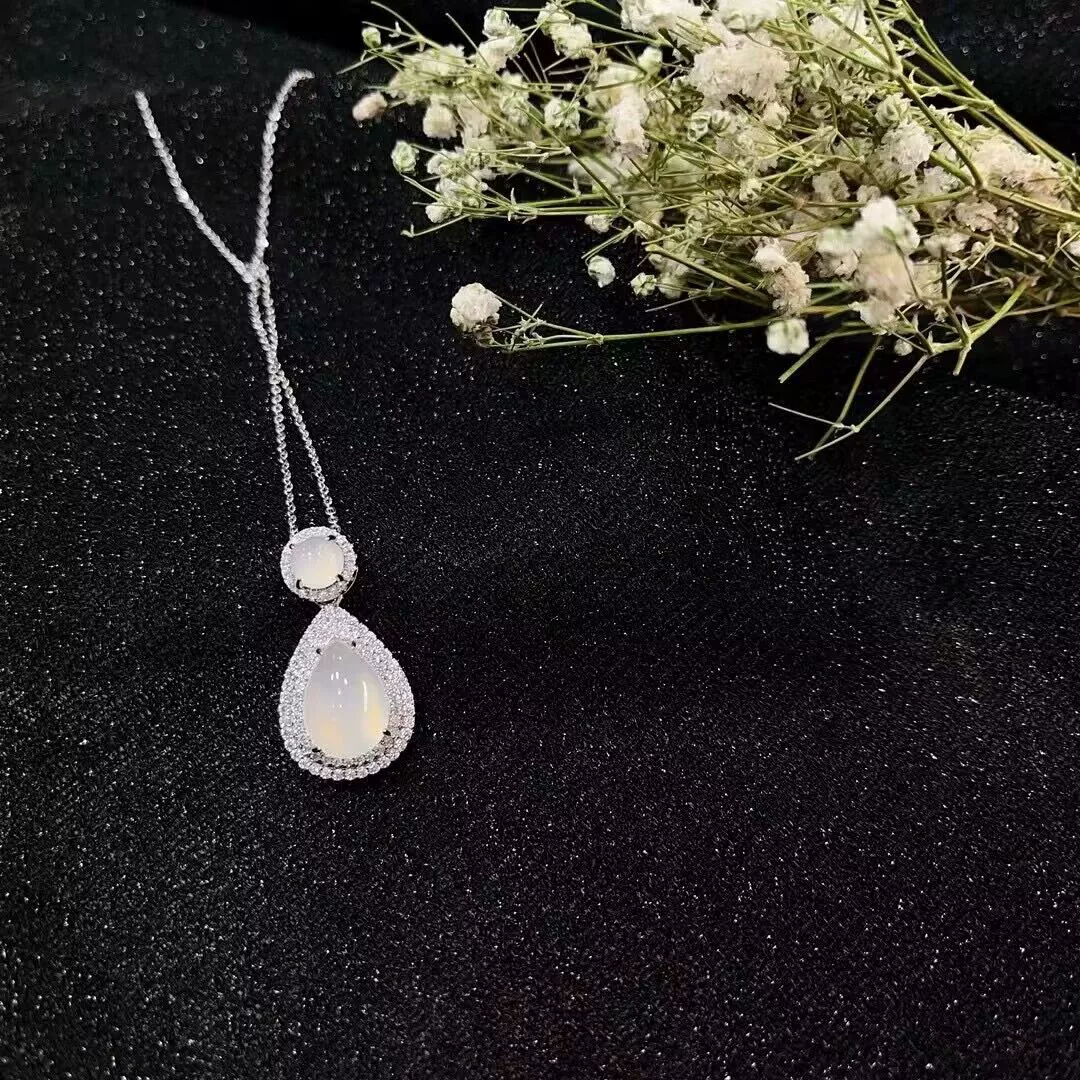 Silver stone inlay white jade, agate pendant jade, ice imitation, simple and elegant design