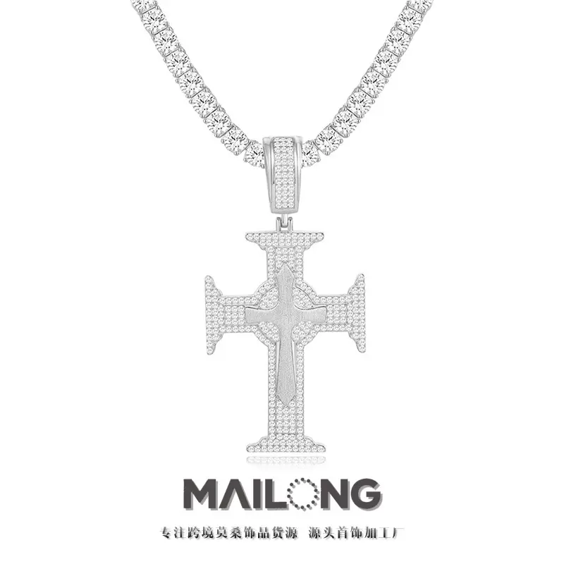 跨境欧美时尚嘻哈朋克十字架吊坠s925纯银莫桑石奢华项链热卖批发