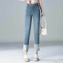 爆款女装新中式国风牛仔烟管裤女2025秋季新款复古刺绣九分直筒裤