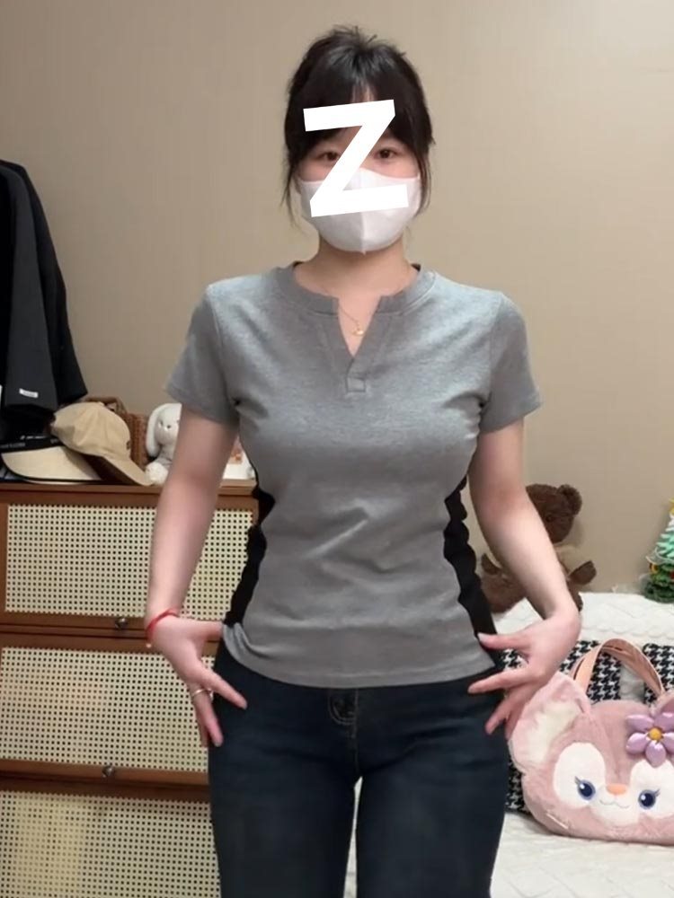 플러스 사이즈 뚱뚱한 mm 아메리칸 레트로 대비 색상 반팔 티셔츠 여성 여름 신작 v 넥 슬림 디자인 바닥 셔츠 탑