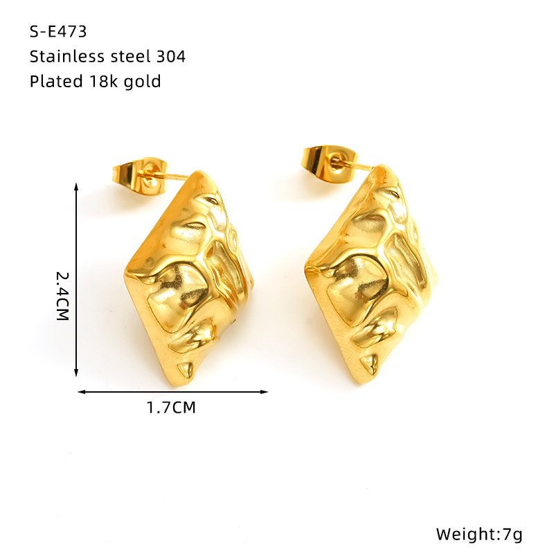 Gold Stainless Steel Hammered Prismatic Stud Earrings Minimalist_voghion.com