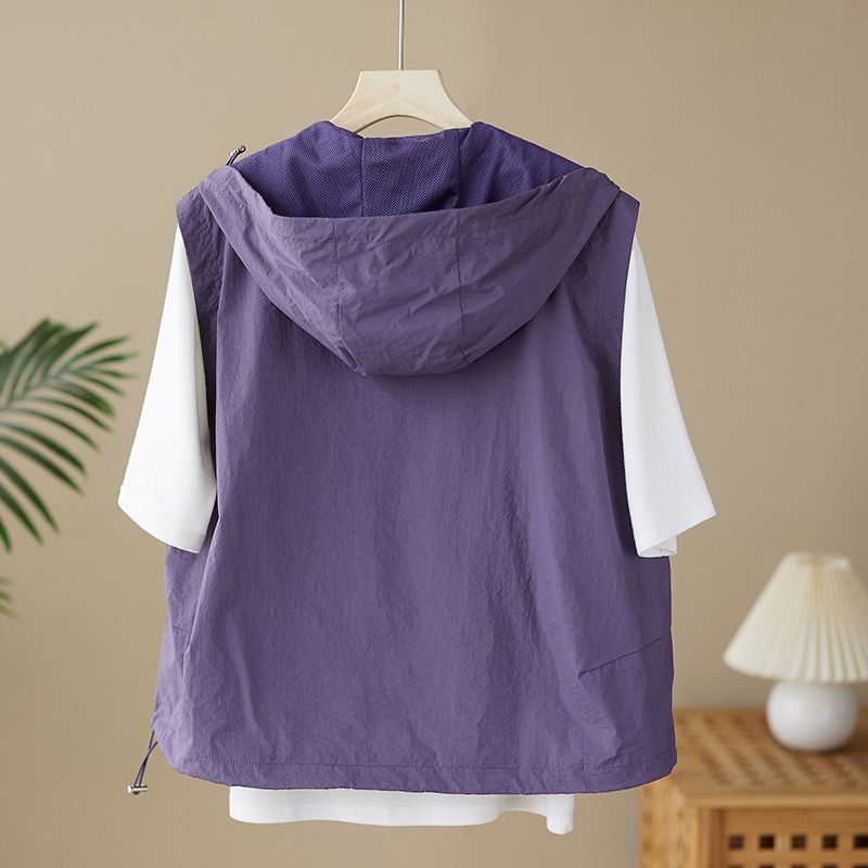 New Korean Style Spring and Summer Hooded Zipper Vest Jacket Sun Protection Top Women's Loose and Versatile Vest