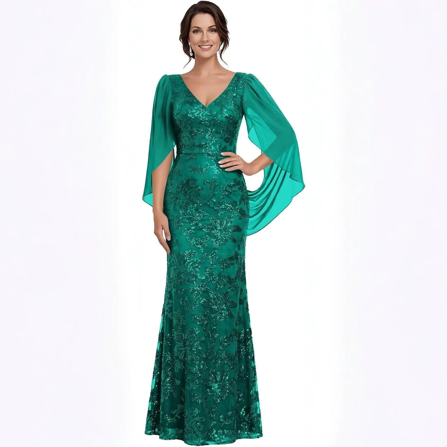 Women's V-neck Flutter Sleeve Mermaid Evening Dress, Slimming Waist, Long Dress for Annual Meeting, Runway Show, Wedding, Mother's Elegant Dress