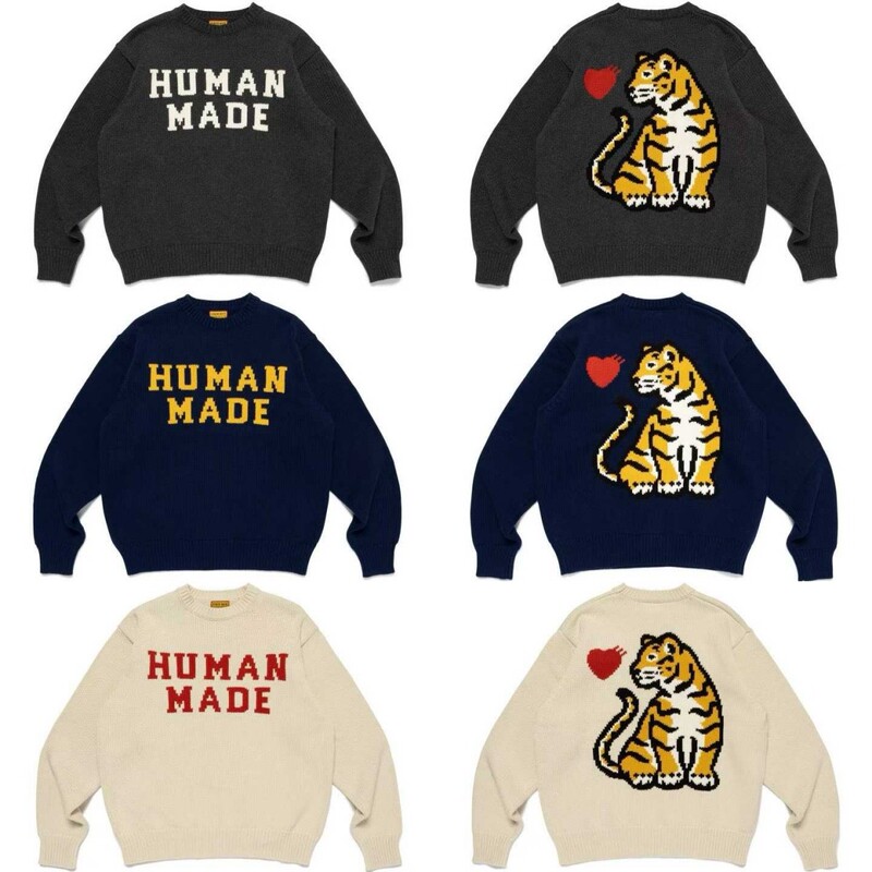 In-Stock Hm Japanese Fashion Brand Human Retro Tiger Embroidery Knit Sweater Autumn and Winter Couple's Round Neck Sweater Top for Women